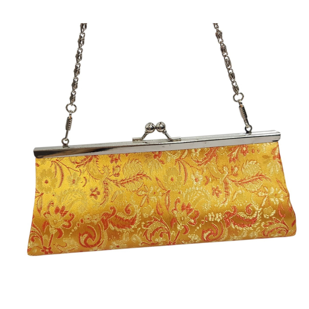 VTG Small Gold Evening Bag Purse Clamshell Clutch Paisley Tapestry Prom Date